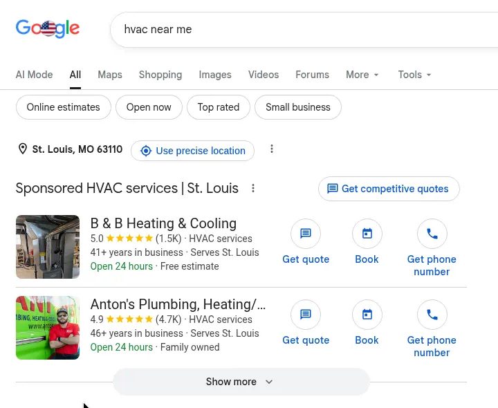 Google Local Services Ads for HVAC near me in St. Louis — Sponsored HVAC services with photos, star ratings, and Get quote, Book, and Get phone number buttons