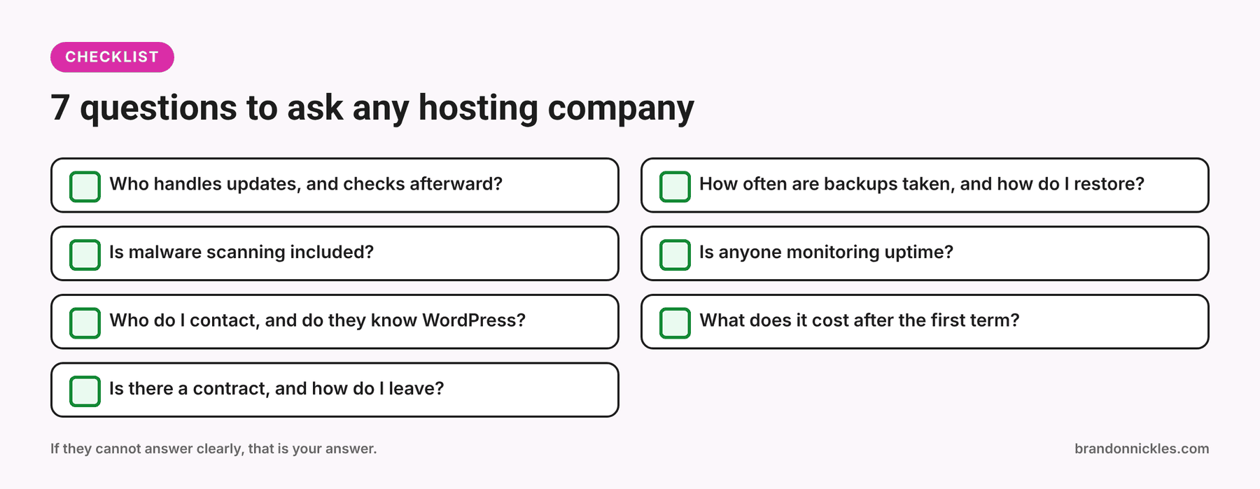 Checklist of seven questions to ask a hosting company