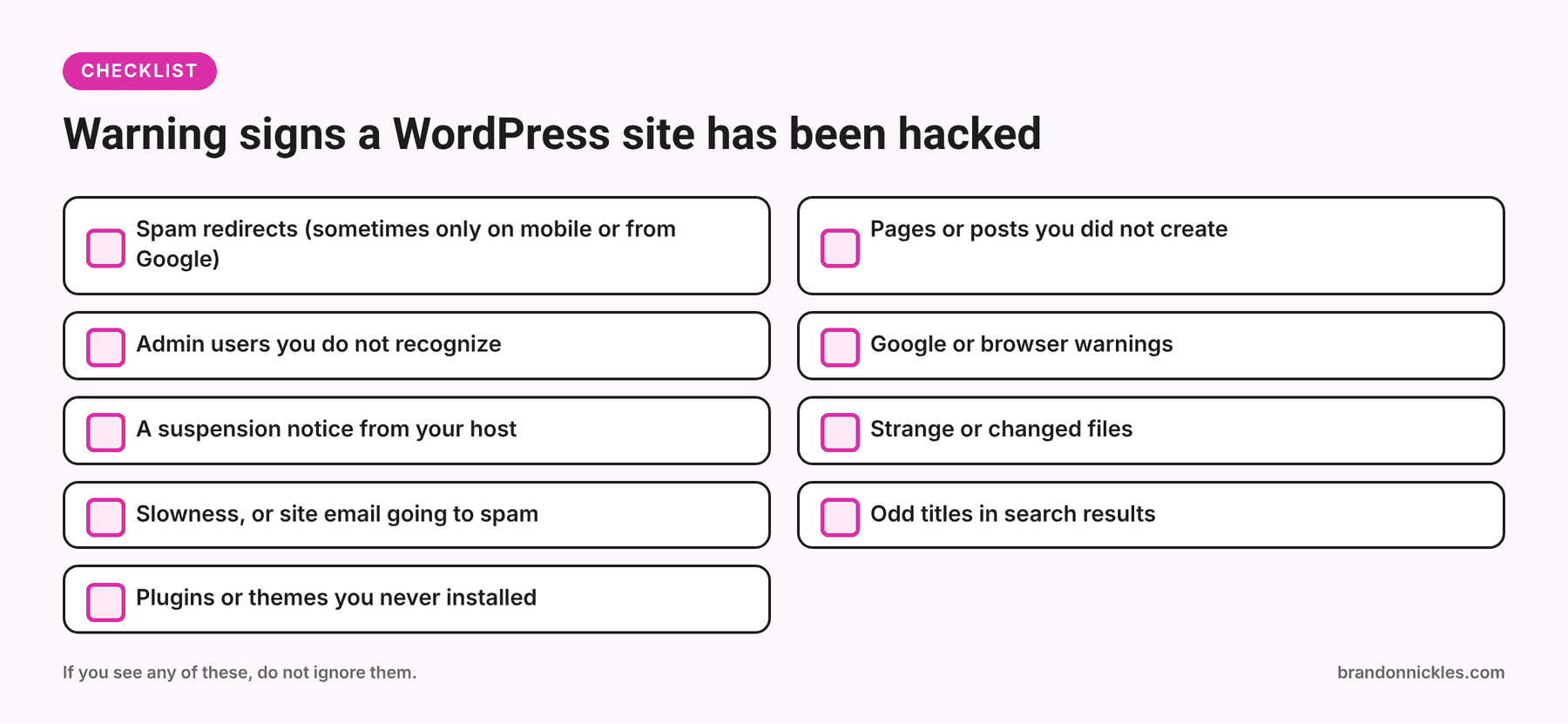 Checklist graphic of warning signs a WordPress site has been hacked