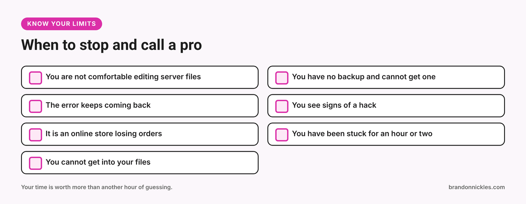 Checklist of reasons to call a professional for a WordPress error